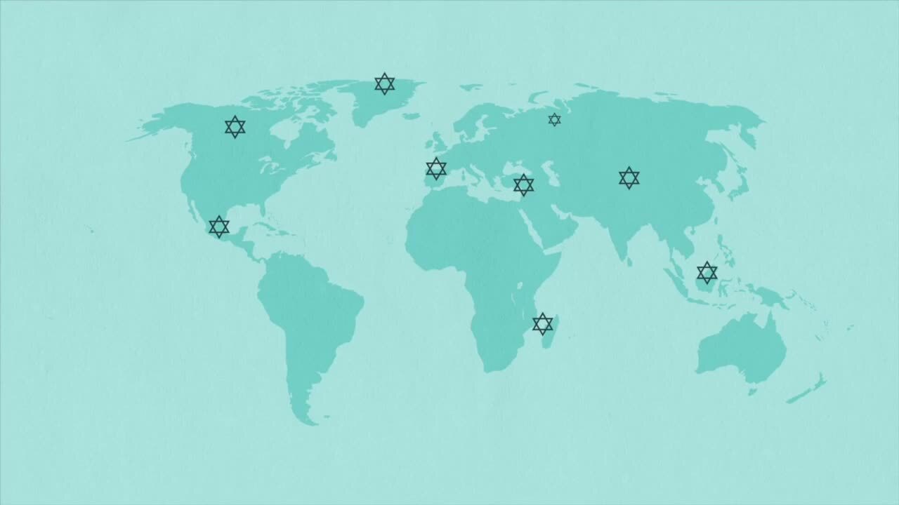 A teal illustration of the world map.