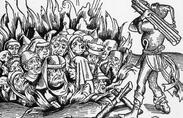 Woodcut of a group of men in a pit being set on fire.  