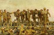 Painting title Gassed by John Singer Sargent. Shows World War I soldiers with bandaged eyes being led by other soldiers. Many dead and injured soldiers laying at the base of the painting.
