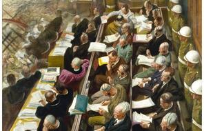  On the right two benches of the accused leaders stretch away from the foreground to the centre of the painting. Behind the defendants stands a line of white-helmeted military police who guard the benches and separate them from the court beyond....