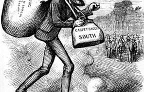 Caricature of Carl Schurz carrying bags labeled, "carpet bag" and "carpet bagger South."