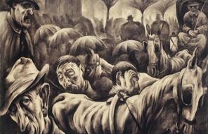 Sepia-colored illustration of a street full of tired people and horses