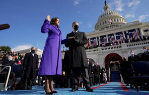 Kamala Harris being sworn in as the 49th Vice President of the United States.