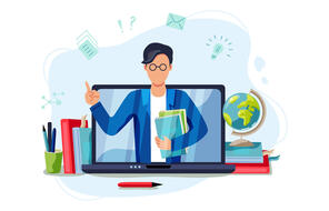 Online education graphic with male teacher positioned over a laptop. 