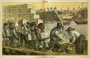 This 1882 cartoon shows stereotypical imagery of laborers, among whom are Irishmen, an African American, a Civil War veteran, Italian, Frenchman, and a Jew, building a wall against the Chinese. 