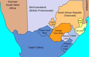 South Africa divided and colored based on free territories (Transvaal, Orange Free State, Stella Land) and British possessions (Cape Colony, Griqua Land West, Griqua Land East, Natal, Basuto Land, Bechuanaland).