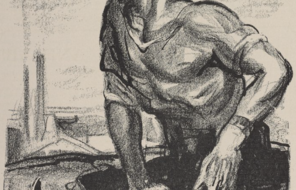 A pencil on paper sketch of a miner in distress. 