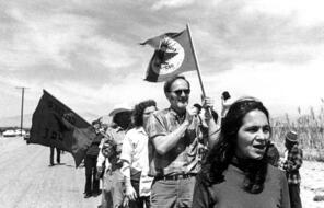 Dolores Huerta marching with protestors.