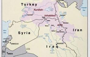 Map showing area inhabited by Kurds across the borders of Syria, Turkey, Iraq, and Iran.