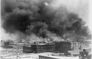 Burning buildings during the Tulsa Race Massacre, also called Tulsa Race Riot, when a white mob attacked the predominantly African American Greenwood neighborhood of Tulsa, Oklahoma.
