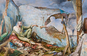 Painting titled The Creation of Wartime by Samuel Bak. Depicts a man with outstretched hand sitting on a pile of rubble and belongings against the crumbling walls of a house or other structure