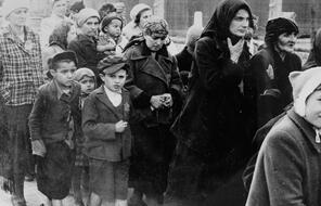 Women and children wearing star badges at Auschwitz-Birkenau.