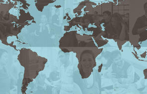 A map of the world interposed over photos of students and educators