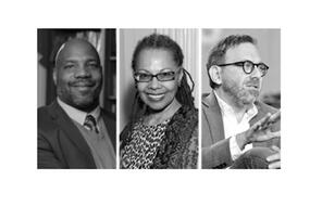 Collage of Dr. Jelani Cobb, June Cross, and Tom Jennings in black and white. 