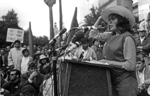 Dolores Huerta addresses the audience after the Delano grape march, State Capitol, Sacramento, California.