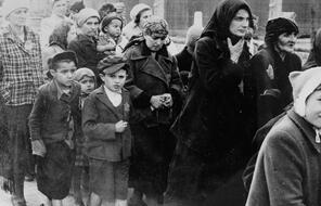 Jewish women and children walk toward gas chambers.