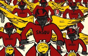Illusration on poster depicts men on motorcyles with shirts reading "SASDU" and gold wings.