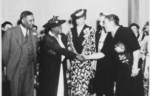 Mary McLeod Bethune, Eleanor Roosevelt, and others at the opening of Midway Hall, one of two residence halls built by the Public Buildings Administration of Federal Works Agency (FWA) for Negro government girls.