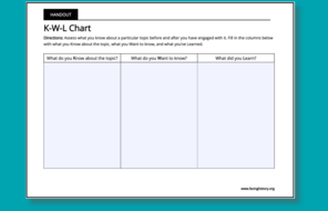 K-W-L Chart template that can be printed out and used in the classroom.