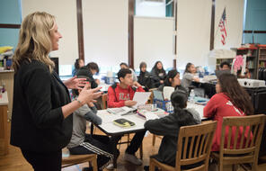  Kristina Vancil speaking to students in a Chicago classroom