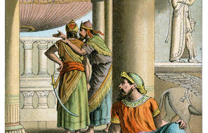 Vintage colour lithograph from 1882 of Mordecai discovers the treachery of Bigthan and Teresh.
