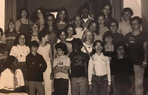 Abby Weiss and her 6th grade class, B&W
