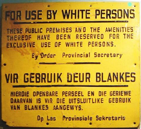 The Reservation of Separate Amenities Act (passed in 1953) led to signs such as the one shown above. The Act prohibited people of different races from using the same public amenities.