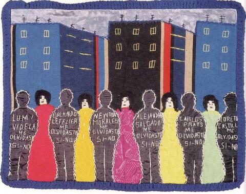 An arpillera (a brightly colored patchwork picture quilt) of women and dark silhouettes of figures.