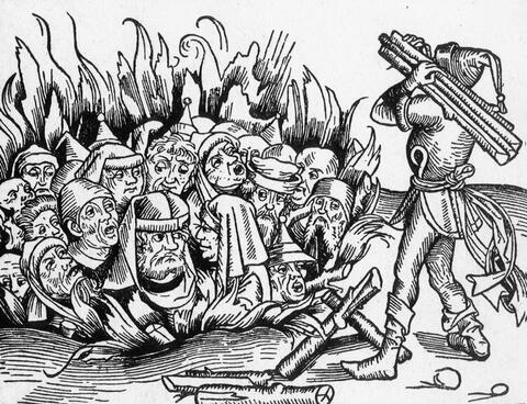 Woodcut of a group of men in a pit being set on fire.  