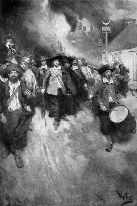 This 1905 painting by Howard Pyle depicts the burning of Jamestown in 1676 by black and white rebels led by Nathaniel Bacon.