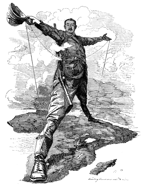  Sketch of a European imperialist standing with legs straddled and arms out.