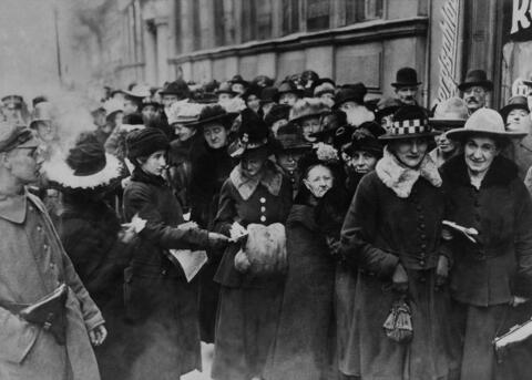 A crowd of women standing in line at a polling station in the Weimar Republic in 1919, the first year women were allowed to vote.