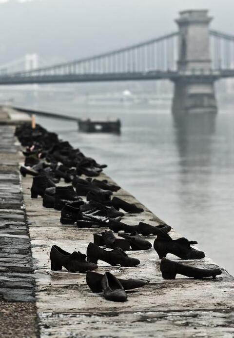 Sixty pairs of shoes mark the site in Budapest, Hungary, where fascist Arrow Cross militiamen shot Jews and threw their bodies into the river in 1944 and 1945. The memorial opened in 2005.