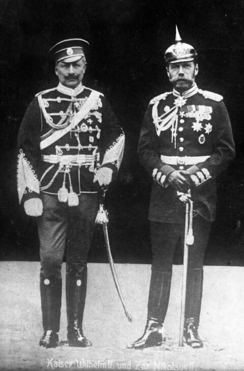 Photo of Kaiser Wilhelm II and Tsar Nicholas II posing in uniform.