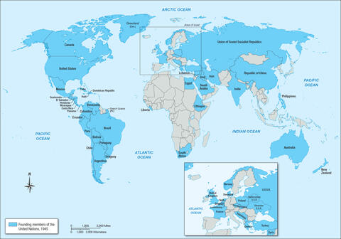 Map highlighting United Nations founding member countries in blue. 