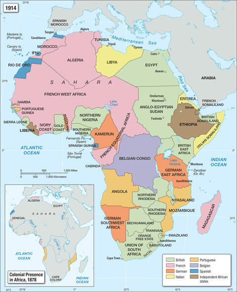 Map of Africa in 1914 identifying colonial presence. Map of Africa in 1878 indicates far less colonial presence.