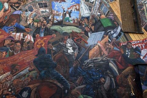 The Battle of Cable Street mural depicts details from the confrontation between anti-Fascist demonstrators and Oswald Mosley and his Blackshirts in London's East End.