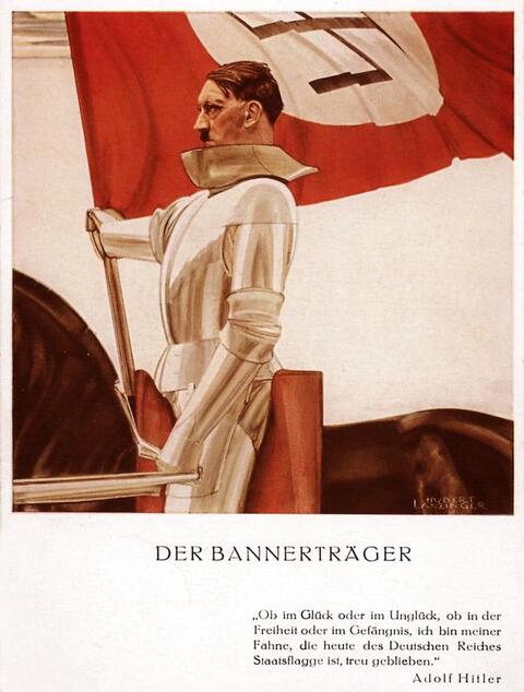 Painted portrait of Adolf Hitler in profile on horseback wearing a suit of armor and waving a Nazi flag.