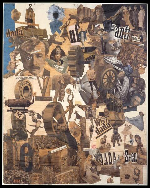 amber-colored photomontage of men and gears by Hanna Höch