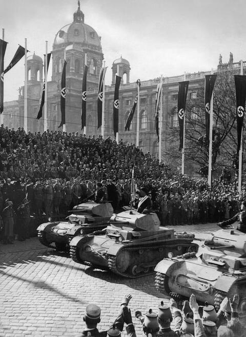 The German military parades through Vienna on March 15, 1938, after the Anschluss.
