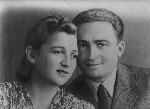 Sonia Orbuch, a Jewish partisan in Poland during the Holocaust, and her husband on their wedding day in 1945.