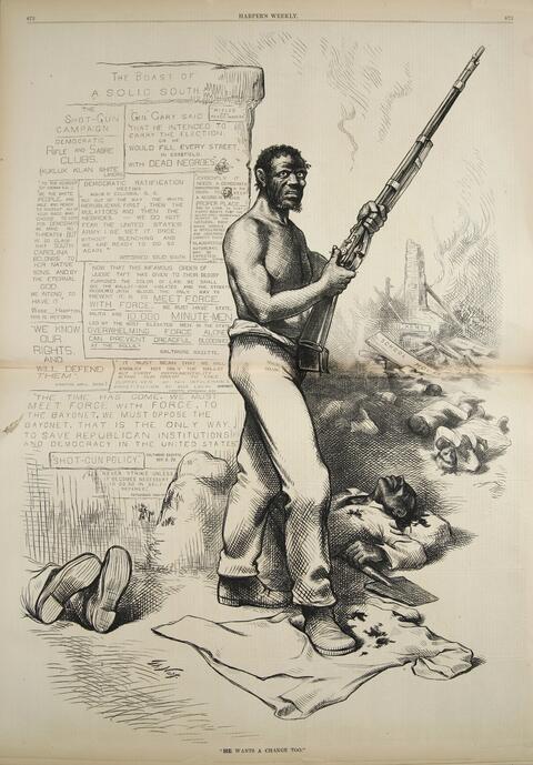 Print shows an African American man standing with a rifle, while in the background other African Americans lay dead and buildings burned. Quotes in the block on left call for meeting force with force.