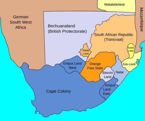South Africa divided and colored based on free territories (Transvaal, Orange Free State, Stella Land) and British possessions (Cape Colony, Griqua Land West, Griqua Land East, Natal, Basuto Land, Bechuanaland).