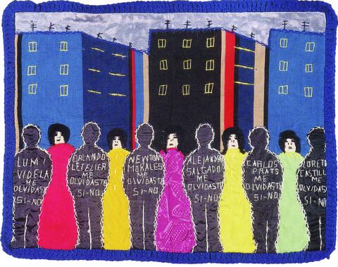 An arpillera (a brightly colored patchwork picture quilt) of women and dark silhouettes of figures.