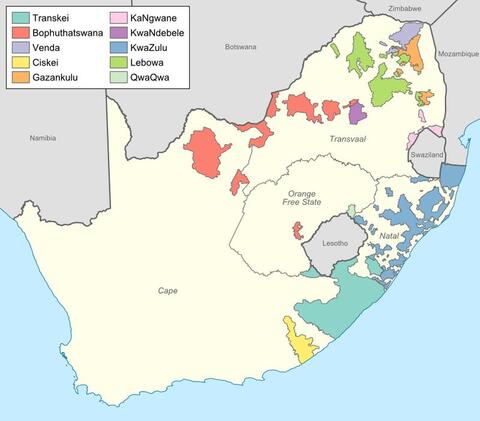 Map of South Africa showing the borders of Bantustans, native territories set aside for Black South Africans.