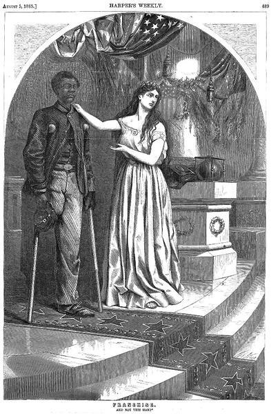 Columbia with black union soldier with amputated leg in ornate Greco-Roman style building