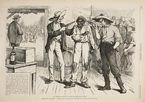  This cartoon depicts the intimidation techniques that the Democratic Party used to suppress southern black votes in the election of 1876.