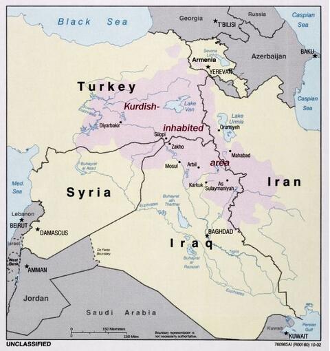 Map showing area inhabited by Kurds across the borders of Syria, Turkey, Iraq, and Iran.