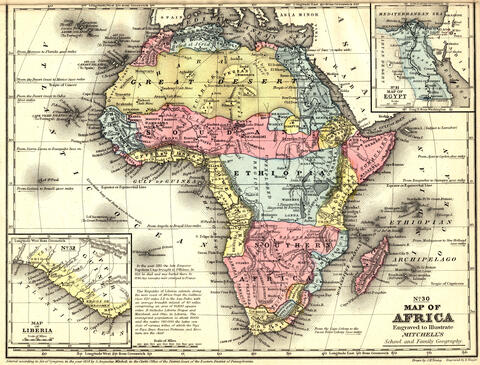 Map of Africa, with distinct territories colored in red, blue, and yellow. Includes close up maps of Liberia and Egypt.