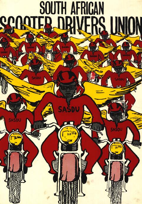 Illusration on poster depicts men on motorcyles with shirts reading "SASDU" and gold wings. 